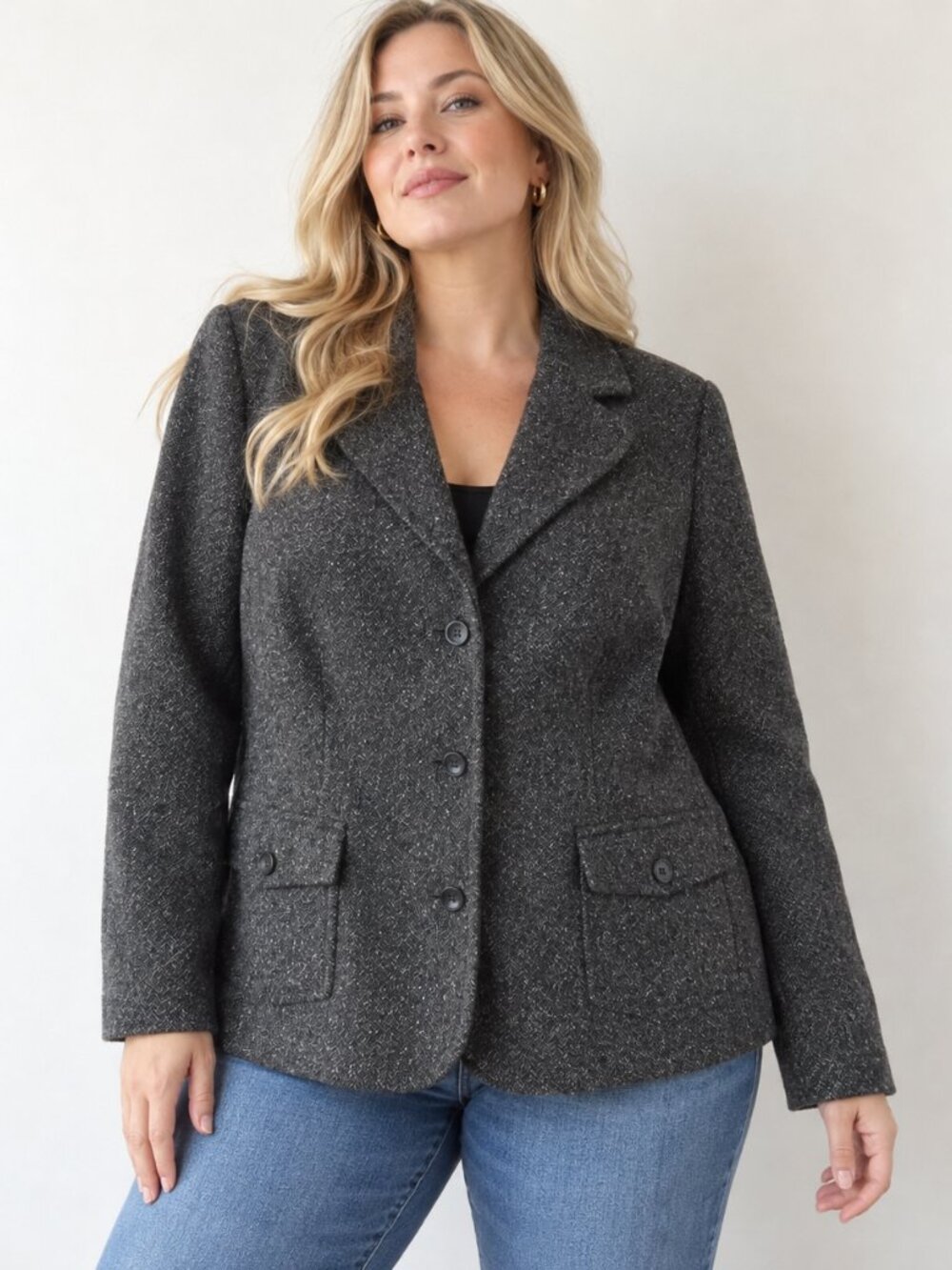 L. L. Bean Charcoal Herringbone Wool Silk Tweed Single Breasted Blazer Jacket 1X